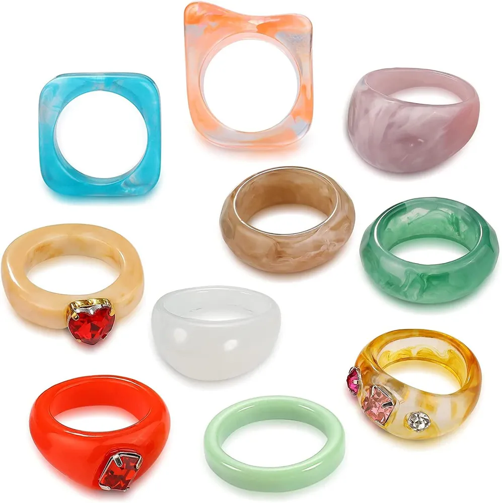 10pcs farbenfrohe Acryl Ringe Trendy Chunky Harz Kunststoff Ringe Retro Transparente Party Ring Set Süß Stackable Dicke Y2K Band Ring (Größe 6 - 8)