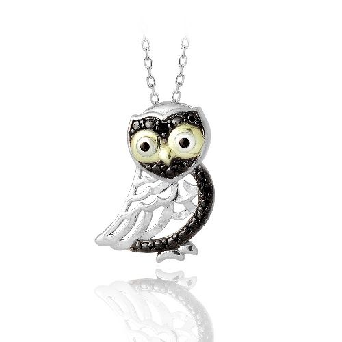 Sterling Silber Zwei Tone Schwarz Diamant Akzent Eule Halskette