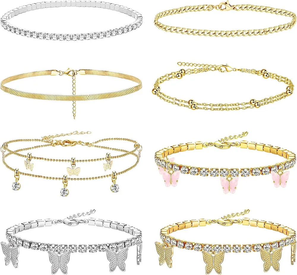 8pcs Ankleber für Frauen Schmetterling Knöchel Armbänder Rhinestone Ankleber Boho Beach Schichtketten Ankleber für Frauen Mädchen Fuß Schmuck