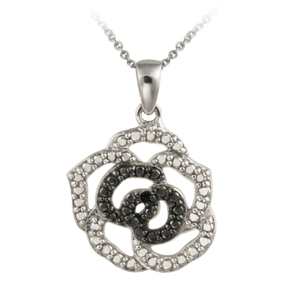 Sterling Silber Schwarz Diamant Akzent Rose Blumen Anhänger