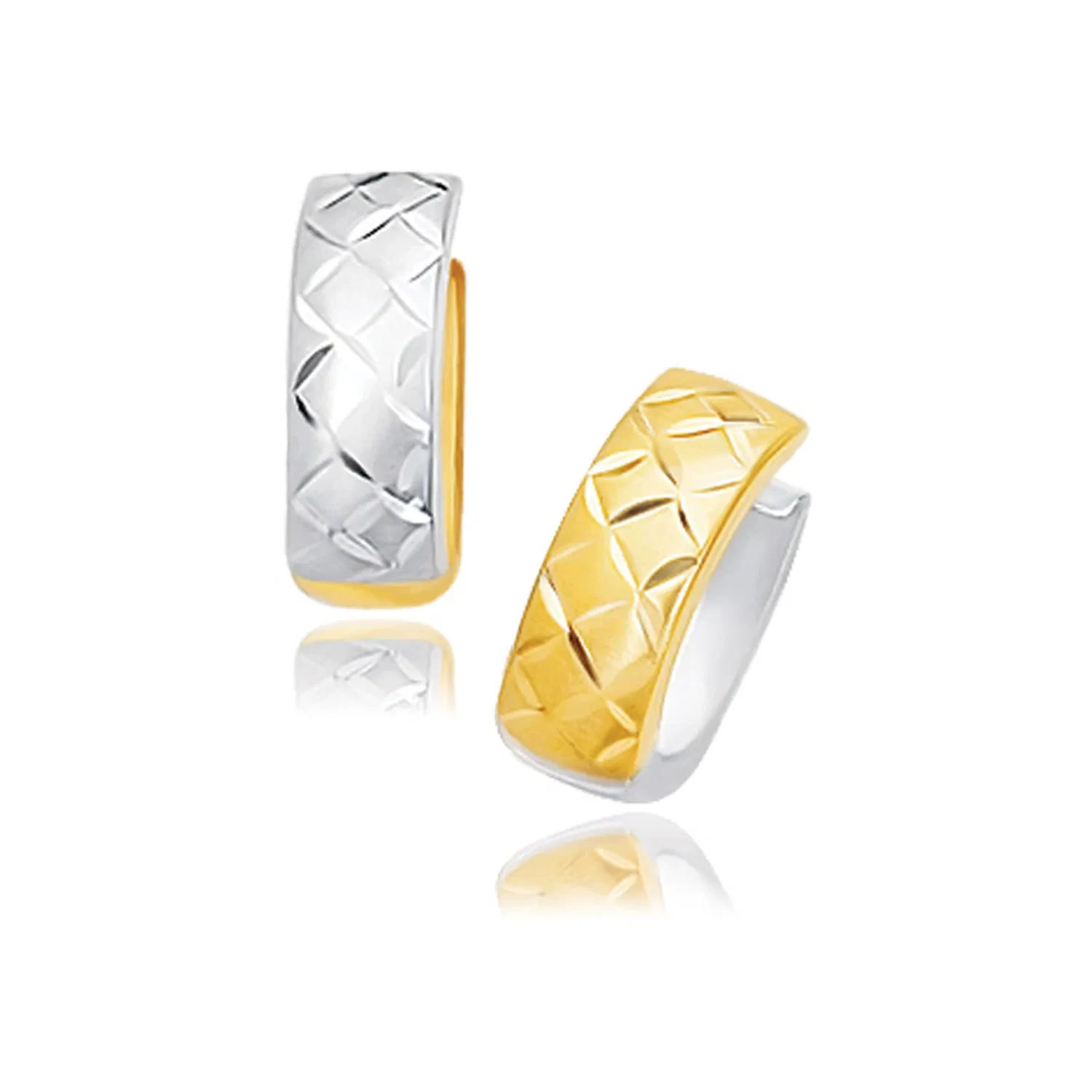 14 Karat Zwei-Ton - Gold Reversible Quilted Hingeed Hoop Huggie Ohrringe