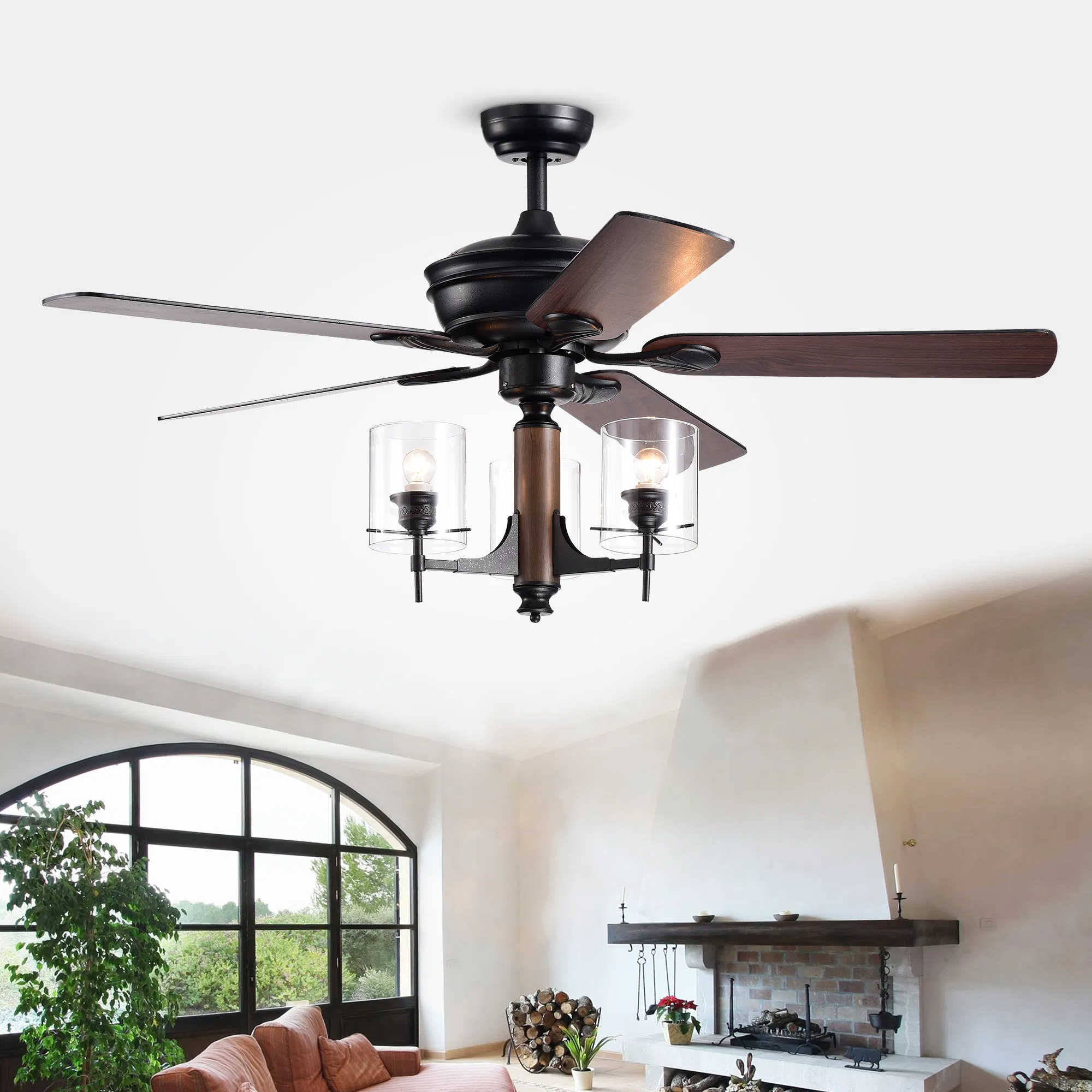 Saranac 5 - Blade 52 - Inch geschmiedete schwarze beleuchtete Deckenventilator w / Clear Pillar Glaslampen (Fernbedienung & 2 Farbe Option Blades)
