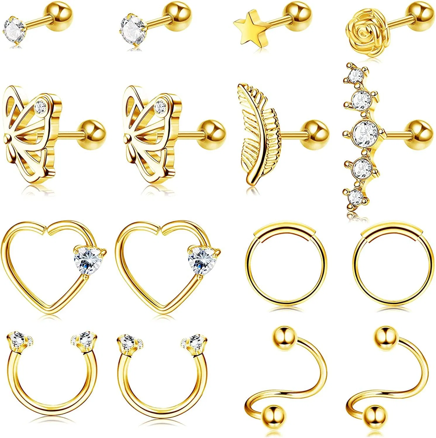 16PCS 16G Knorpel Tragus Ohrringe Studs Helix Ohrringe Edelstahl Nasen Lippenringe Ohr Helix Daith Barbell Piercing für Frauen Männer