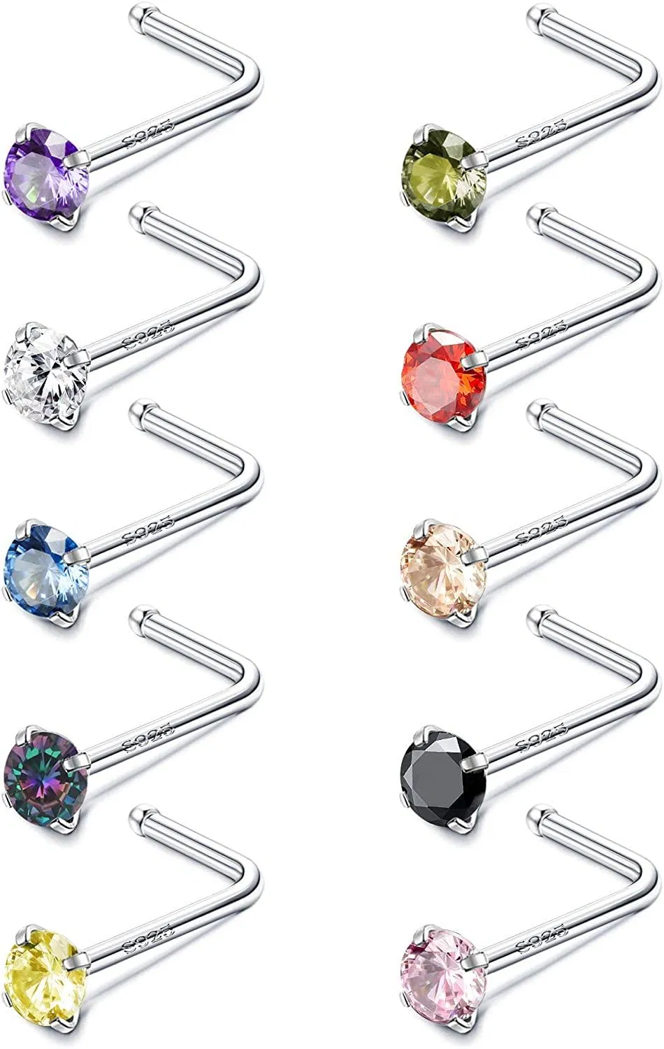 10PCS 925 Sterling Silber L-geformte Nasenringe für Frauen hypoallergene 20G Nasen-Stapel Piercing Schmuck
