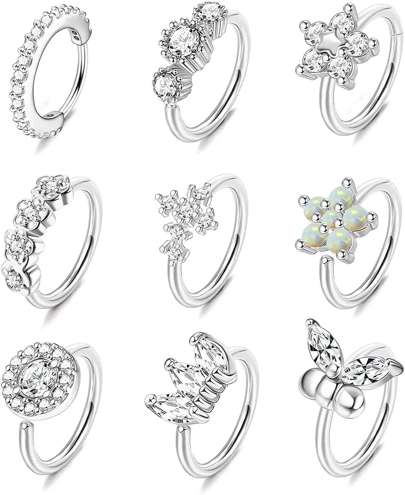 9pcs Edelstahl Nasen Ringe Schleife Pflaster CZ Bendebare Nasen Knorpel Schleife Ringe Schmetterlingsblume Nasen Piercing für Frauen Männer 20G