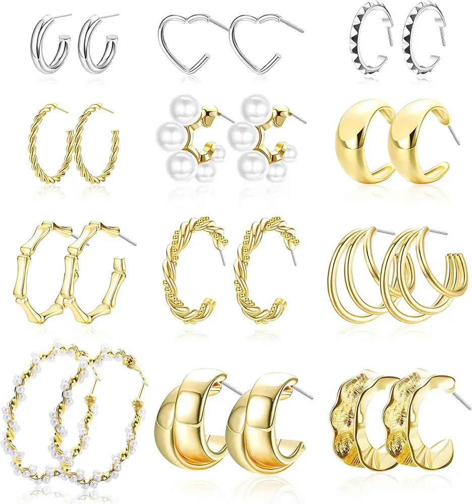 12 Paare Open Hoop Ohrringe Set für Frauen Twisted Rope Hoop Pearl Split Huggie Ohrringe Edelstahl Chunky Hoop Schmuck