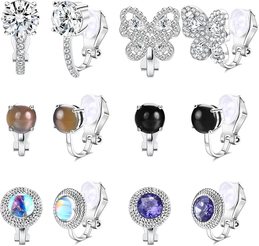 6Paars Clip On Ohrring Studs für Frauen Mädchen Round Cubic Zirkonia Moonstone Perl Agate Amethyst Labradorit Clip Ohrringe Non Pierced Ohrringe Set