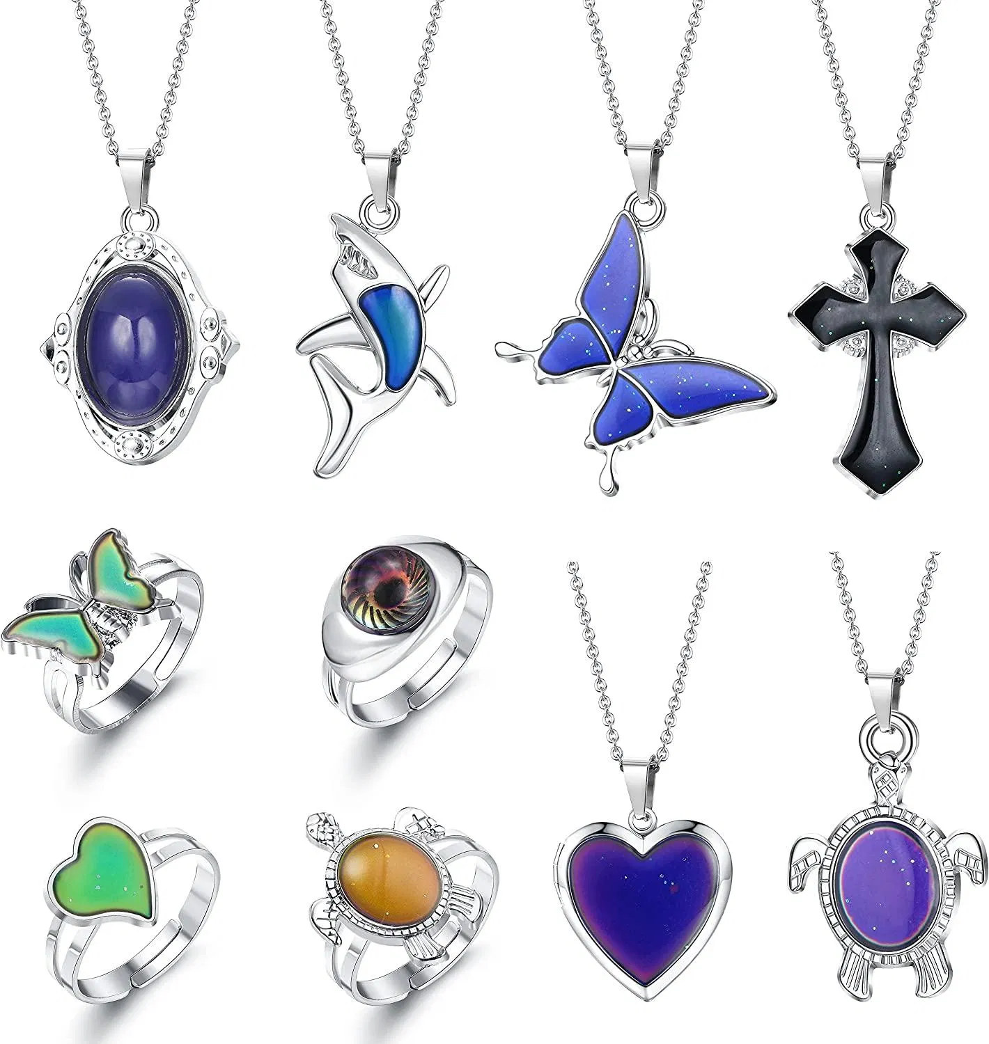 10 Stück Stimmung Ringe und Locket Halskette für Frauen einstellbare Temperatur-Sensing Stimmung Ringe Halskette Farbwechsel Schildkröte Herz Schmetterling Stimmung Set
