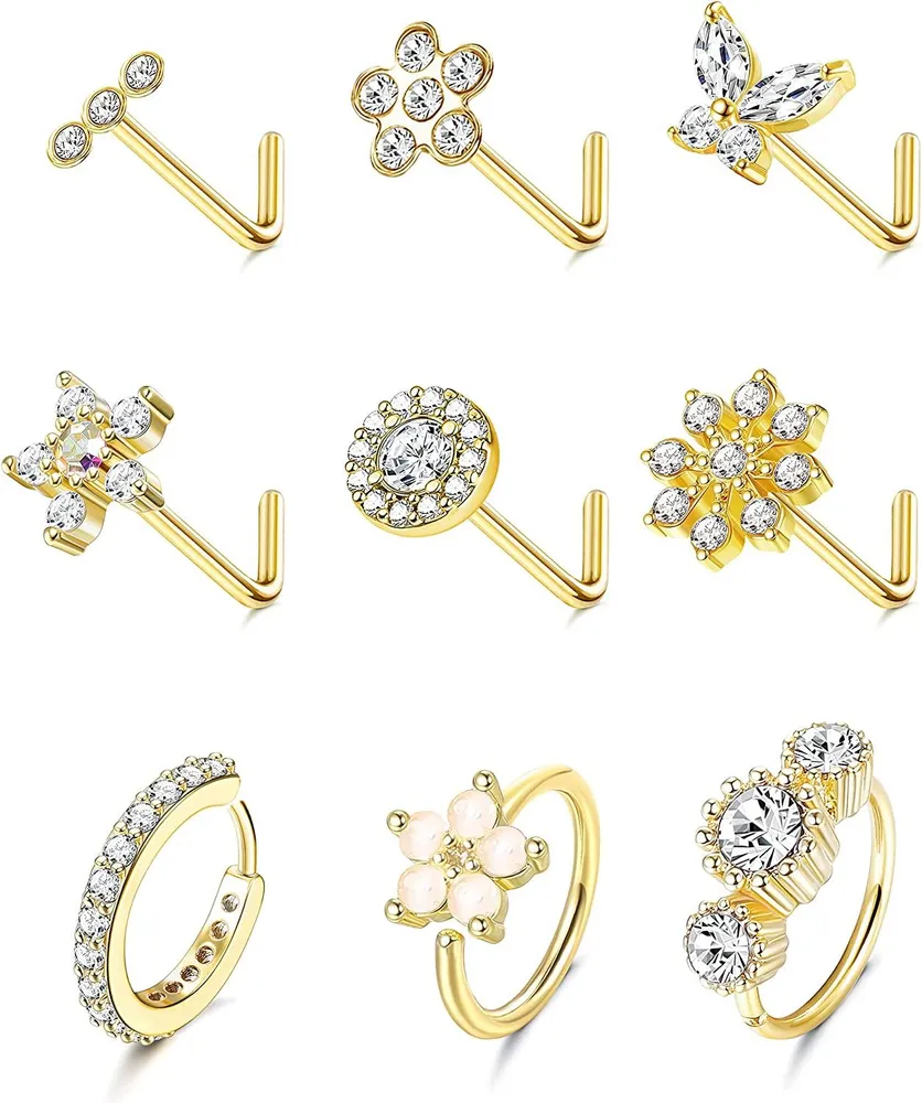 9Pcs 20G Edelstahl L-förmige Nasen-Sticks CZ gesäumt Nasen-Ringe Hoop Triple Linear Juwel Ball Round Flower Butterfly Nasen-Ringe Studs Body Piercing für Frauen Männer