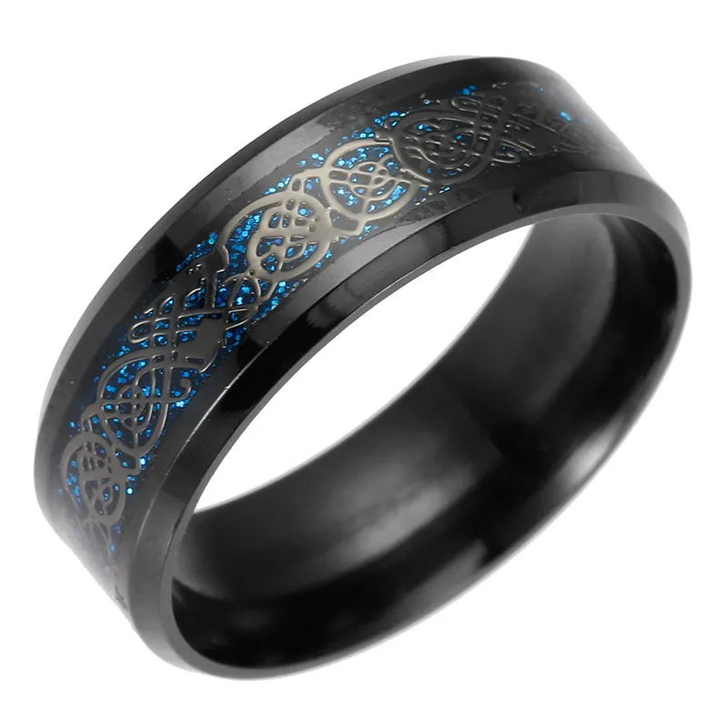 Beliebter Titan-Stahl plattiert schwarzer Drachen-Muster Ring Edelstahl blauer Männerring