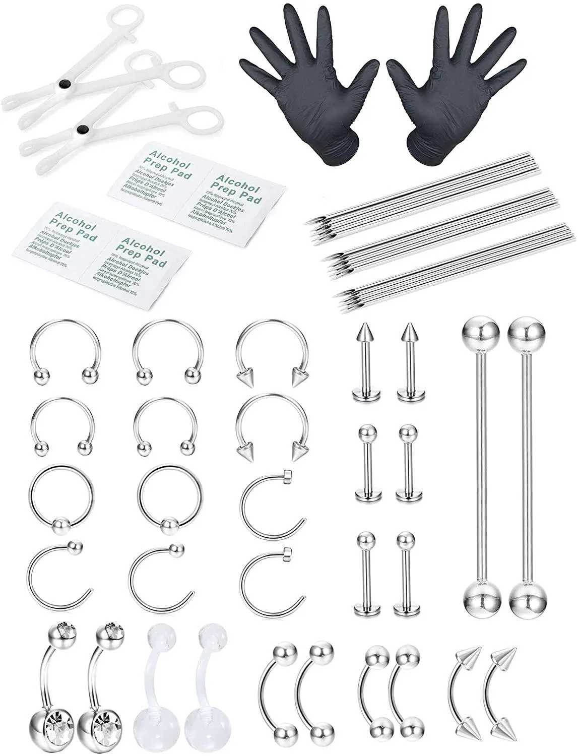 51 Pcs Professional Piercing Kit Edelstahl Bauchknopf Ringe Zunge Tragus Knorpel Helix Daith Rook Nipple Augenbrauen Nasenring Lippe Körperschmuck 14G 16G 18G