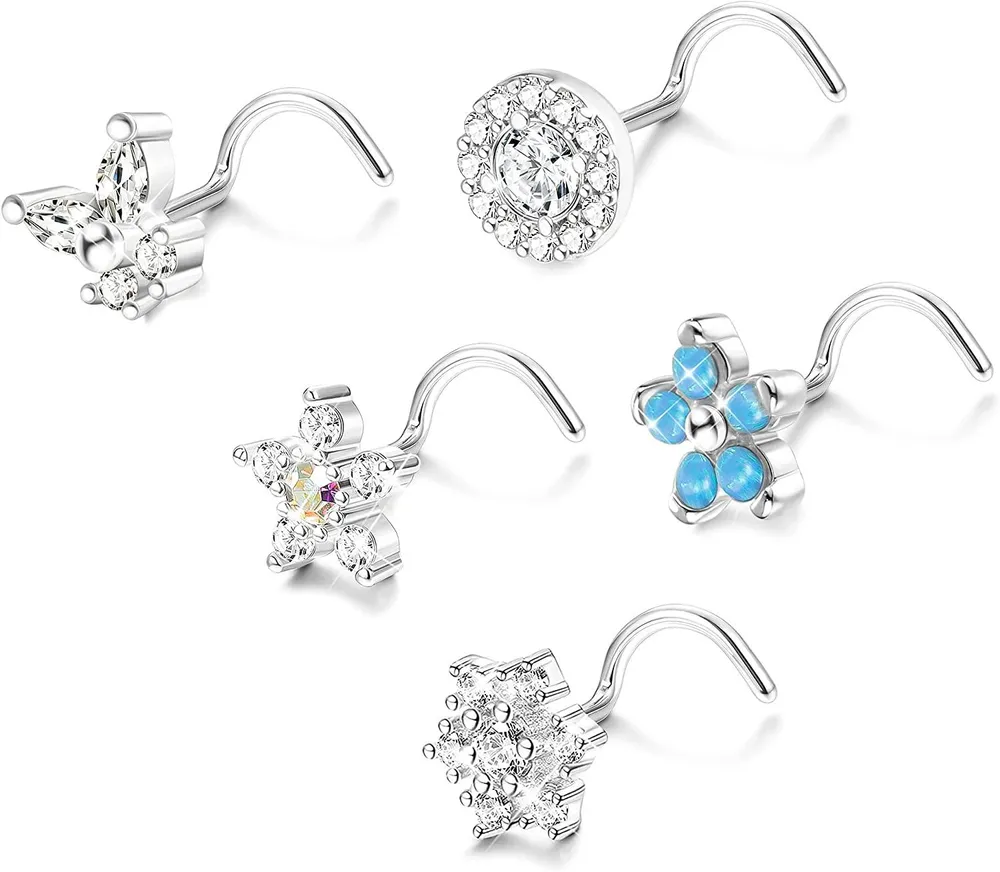 5pcs 20G Nasenstöcke Blume Schmetterling Nasenringe Schraube S-geformte Nasenringe Stud süße Nasenringe für Frauen Männer