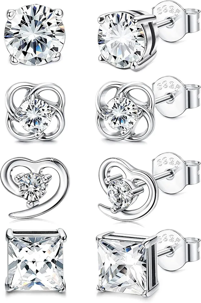 4 Paare Cubic Zirkonia Stud Ohrringe Set für Frauen rundes Herz kleine CZ Ohrringe