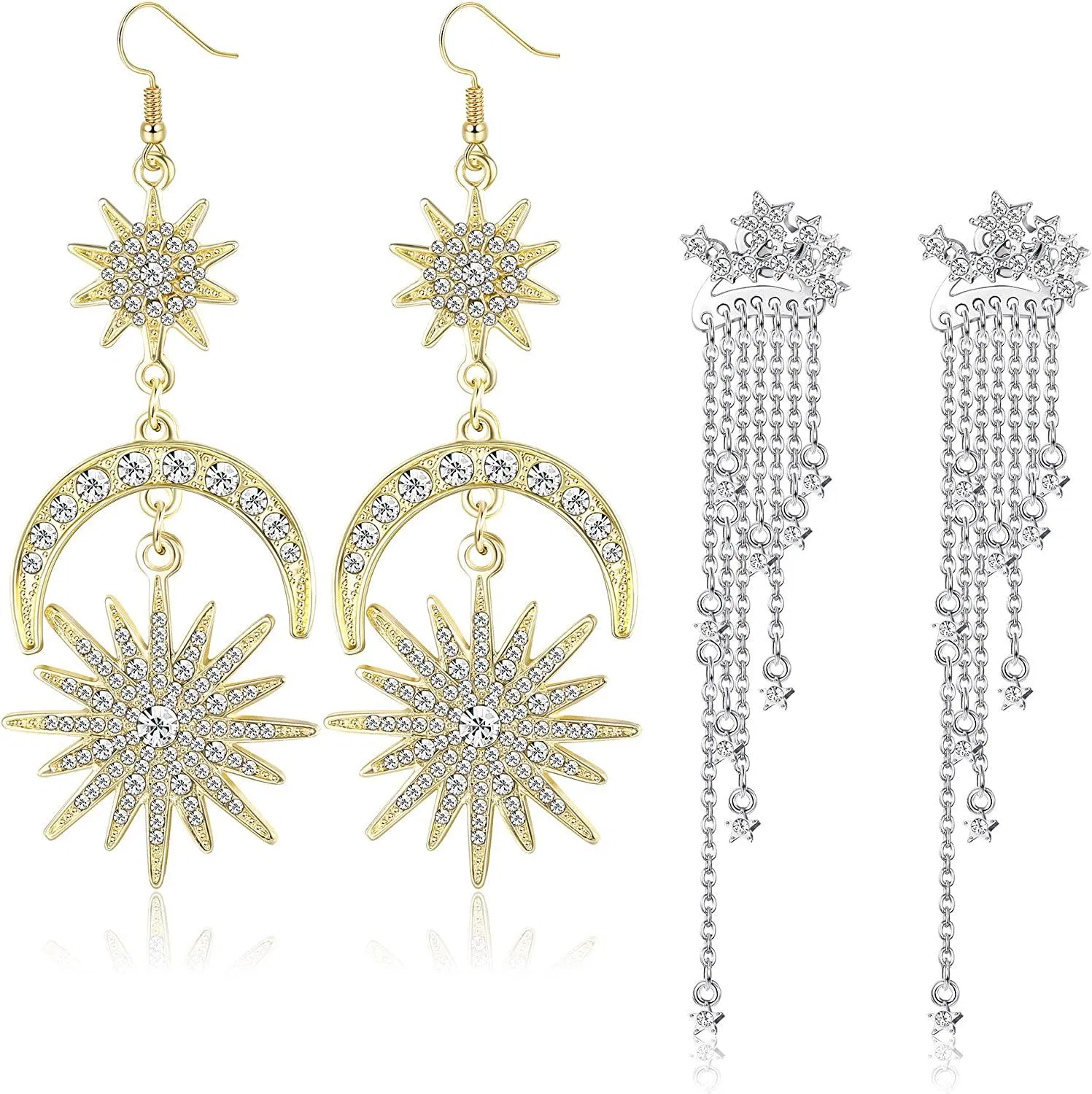 14K Gold Plated Sonne und Mond Ohrringe Statement Dangle Ohrringe für Frauen Star Tassel Ohrringe Rhinestone Long Drop Ohrringe Boho Jewelry