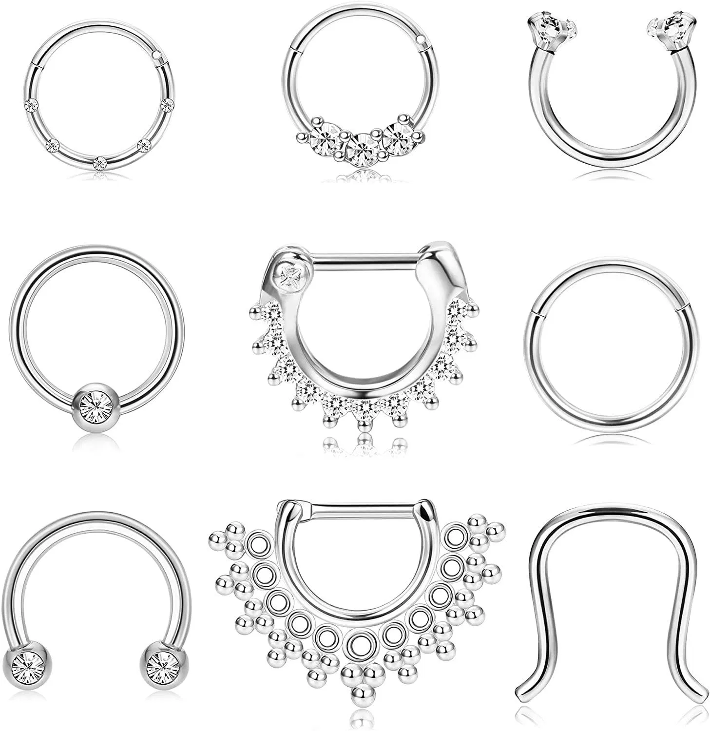 9Pcs 16G Septum Nasenringe Knorpel Ohrringe Schleife Edelstahl CZ Hinge Clicker Ringe Helix Daith Conch Tragus Nasen Piercing Schmuck für Frauen Männer