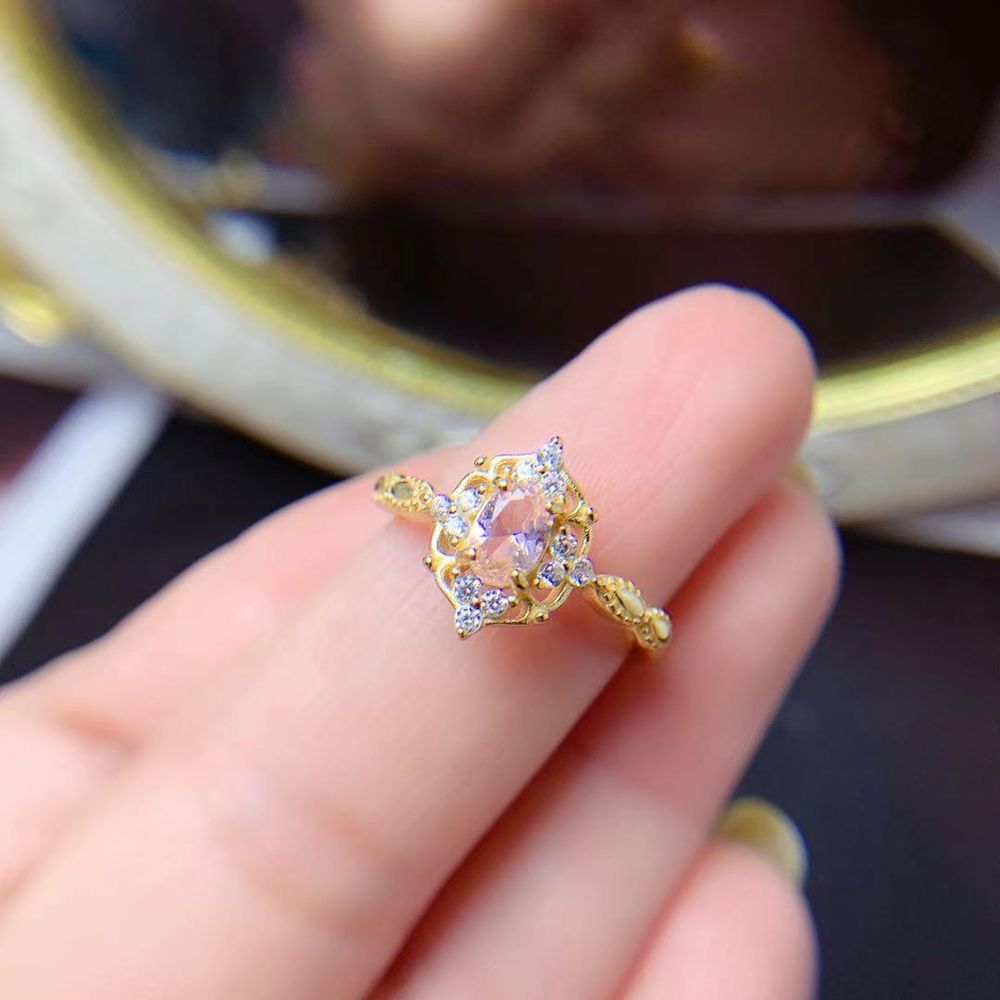 925 Silber Gelb Gold Plated Amethyst Morganit Precious Women 's Ring