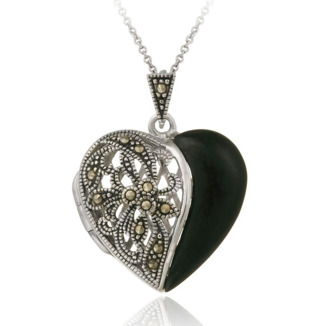 Sterling Silber Original Marcasite & Onyx Herz Locket Anhänger