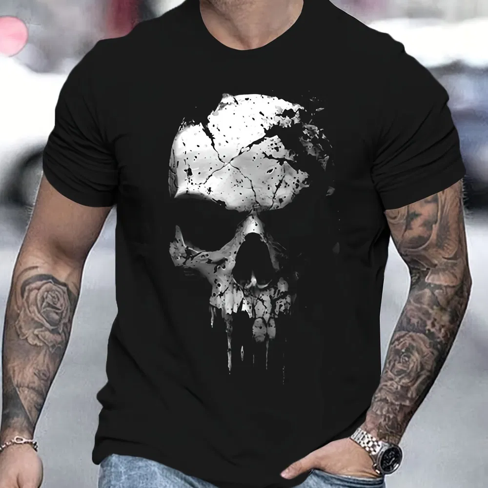 Ein neues und coole Top für Männer im Sommer im Freien zu tragen, mit einem 3D-digitalen zerbrochenen Schädelmuster und einem runden Hals kurzärmigen T-Shirt