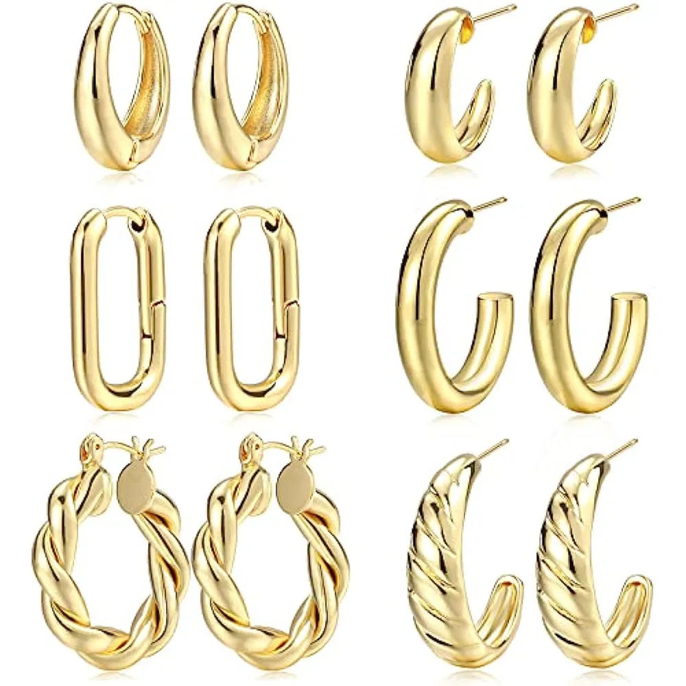 Gold Hoop Ohrringe Set für Frauen, 14K Gold Plated Leichtgewicht Hypoallergen Chunky Open Hoops Set für Geschenk