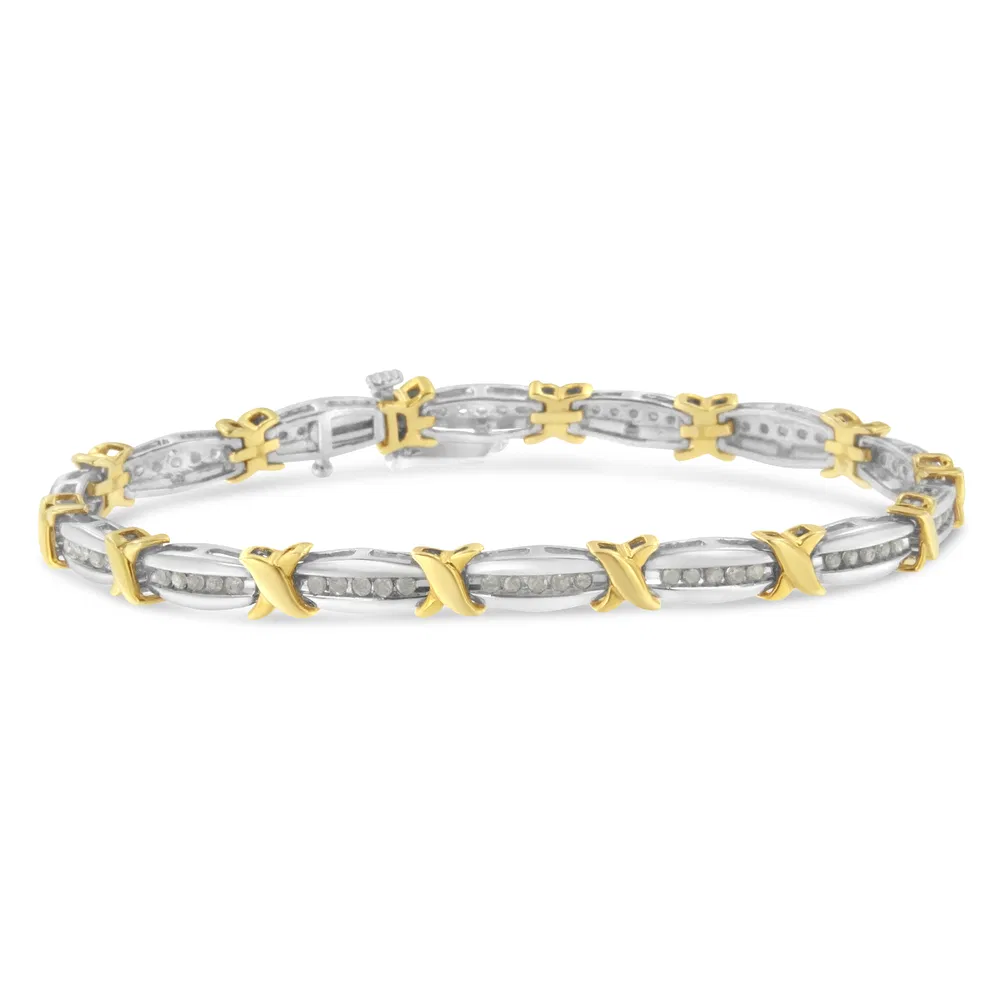 Zwei-Ton 10K Gelbgold über .925 Sterling Silber 1,0 Cttw Diamant Kanal Set Tapered & X-Link 7