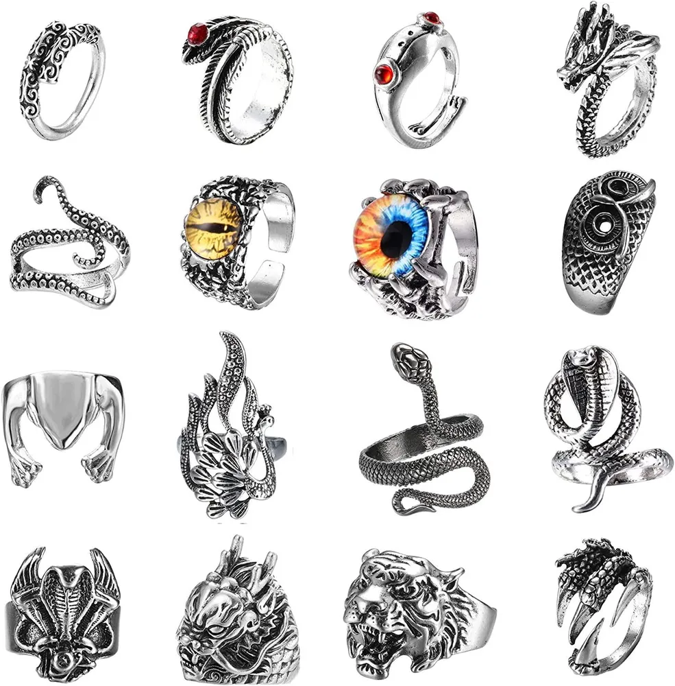 16 Pcs Vintage Punk Ringe Set verstellbare gotische Ringe für Männer Frauen Schlange Tiger Drachen Schädel Frosch böse Auge Ringe offene Knöchel Stacking Ringe Gothic Schmuck