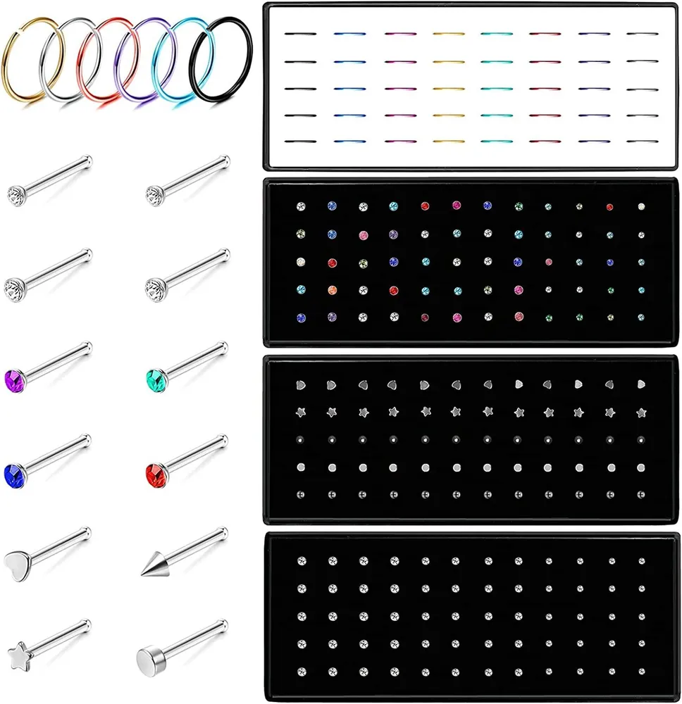 MIRO 160 - 220 PCS Nasenringe Studs für Frauen Männer 316L Edelstahl Kristall Nasen Piercing L-förmige Nasen Studs Ring Hoop Knochen Studs Körper 20G 1.5MM 2.0MM 2.5MM