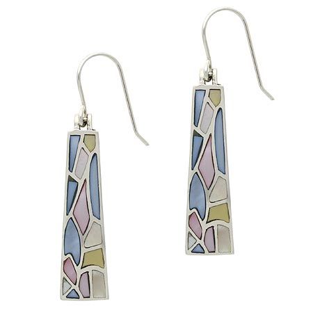 Sterling Silber .925 Echte Mutter der Perle, Pink, Blue und Yellow Shell Stein Inlay Mosaic Bar Ohrringe
