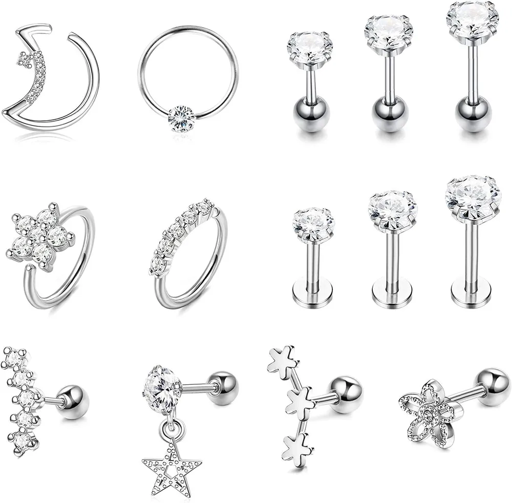 14pcs 16G Tragus Ohrringe Stud Forward Helix Knorpel Ohrringe Chirurgische Edelstahl Lippenringe Conch Labret Studs Medusa Monroe Piercing für Frauen Männer