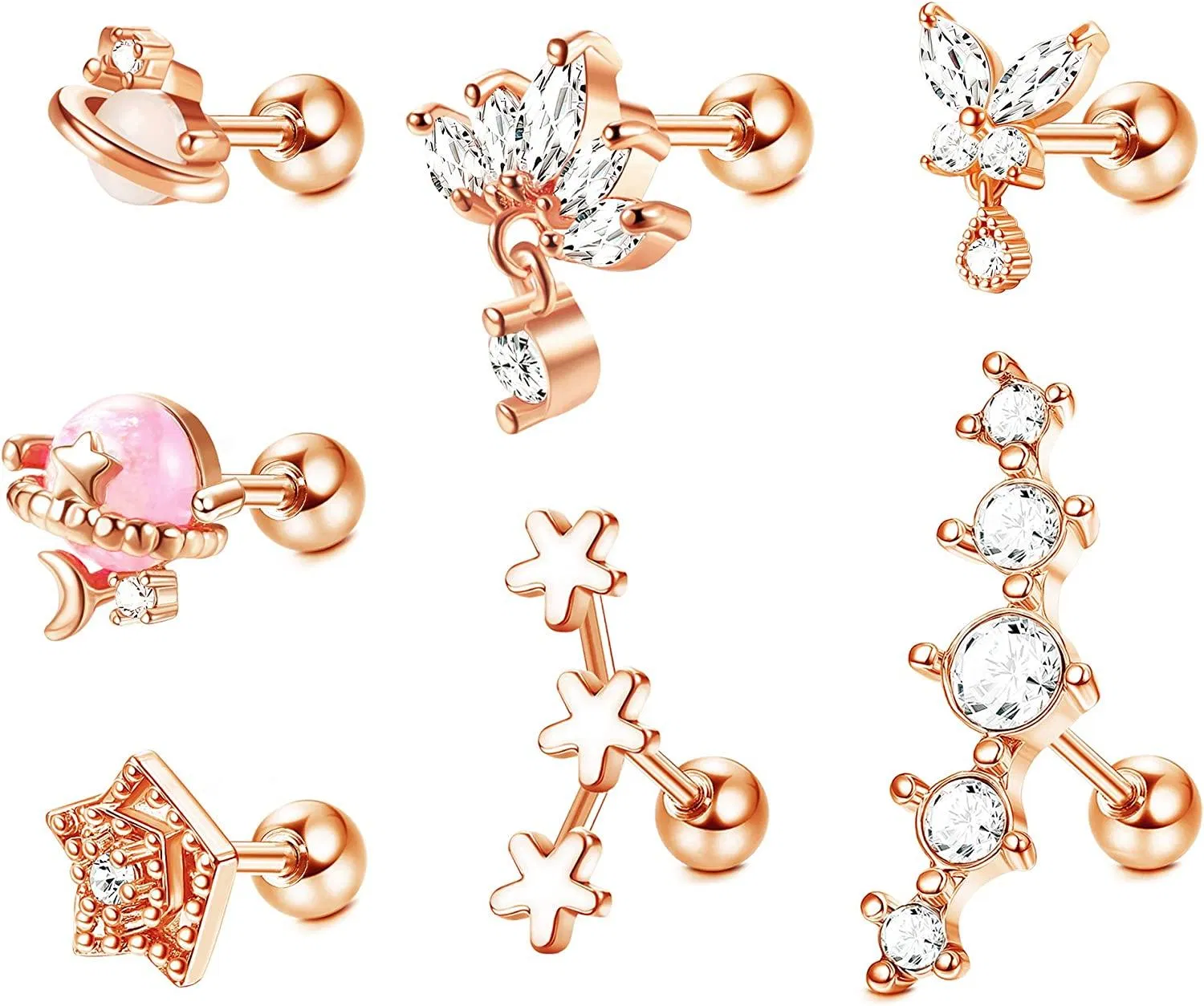 7 Stück Knorpel-Ohrringe für Frauen Männer Helix Piercing Knorpel-Ohrring Stump Stern Mond Blume CZ Tragus Ohr Piercing Edelstein Knorpel-Ohrring Set