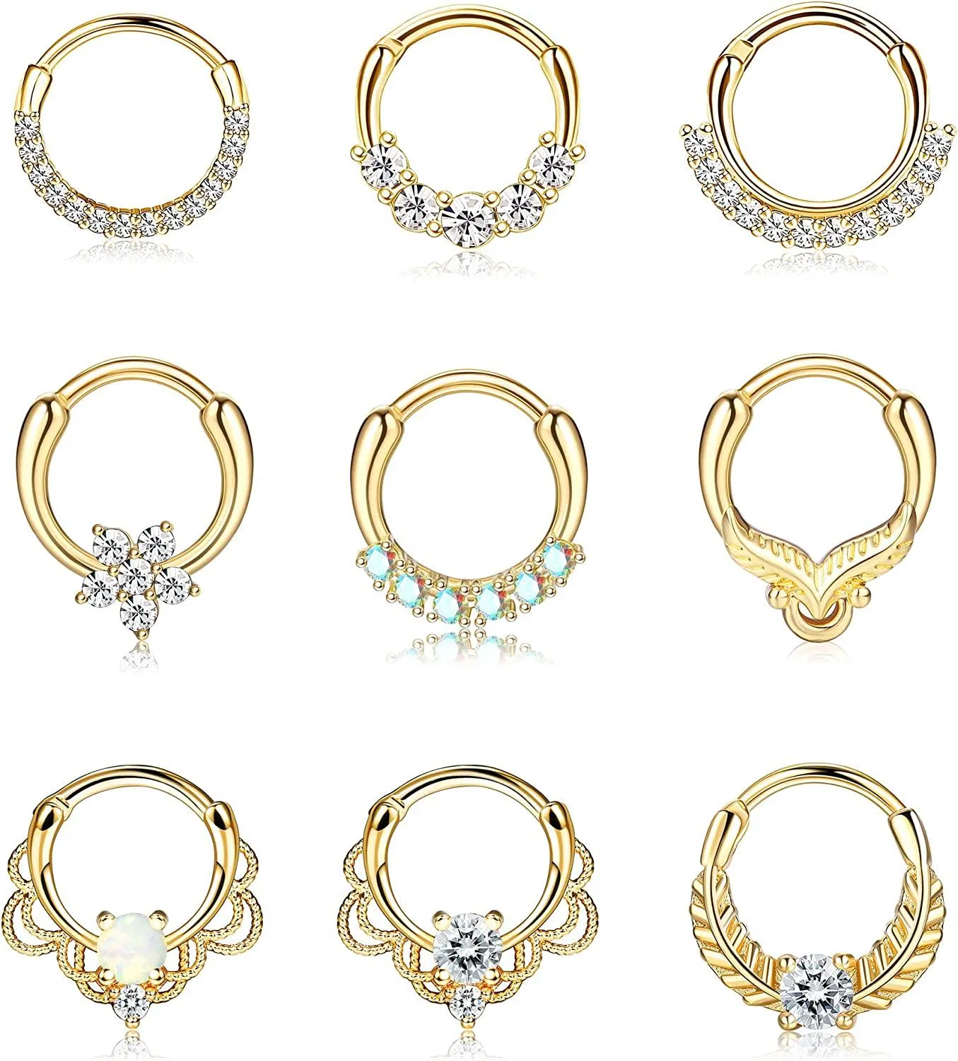 9PCS 16G Septum Ringe CZ Opal gepflastert Blumenblatt Feder Edelstahl-Hoop Nasen Ringe Knorpel Helix Tragus Daith Ohrringe Scharnier Septum Clicker Nasen Piercing für Frauen Männer