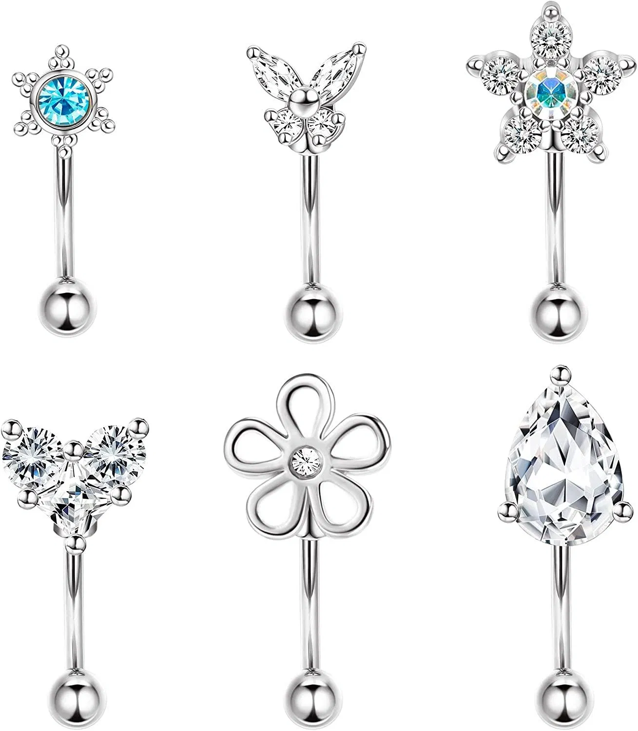 6pcs 16G Ohrringe für Frauen; Edelstahl Bauchknopfring; Lippenring; Knorpel Tragus CZ Körper Piercing Curved Barbell Augenbrauenringe