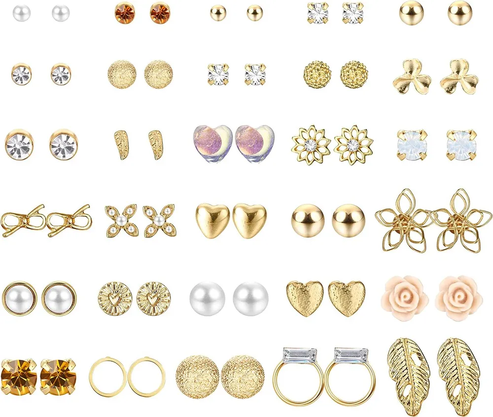 30 Paare Gold Stud Ohrringe für Frauen Herz-Blumen - Blattkreis CZ Ball Ohrringe Stud Small Stud Ohrring Pack