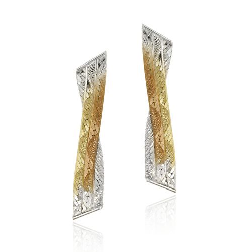 Sterling Silber & 18K Gold Overlay Tri Farbe Verflecht 3 - Strand Ohrringe
