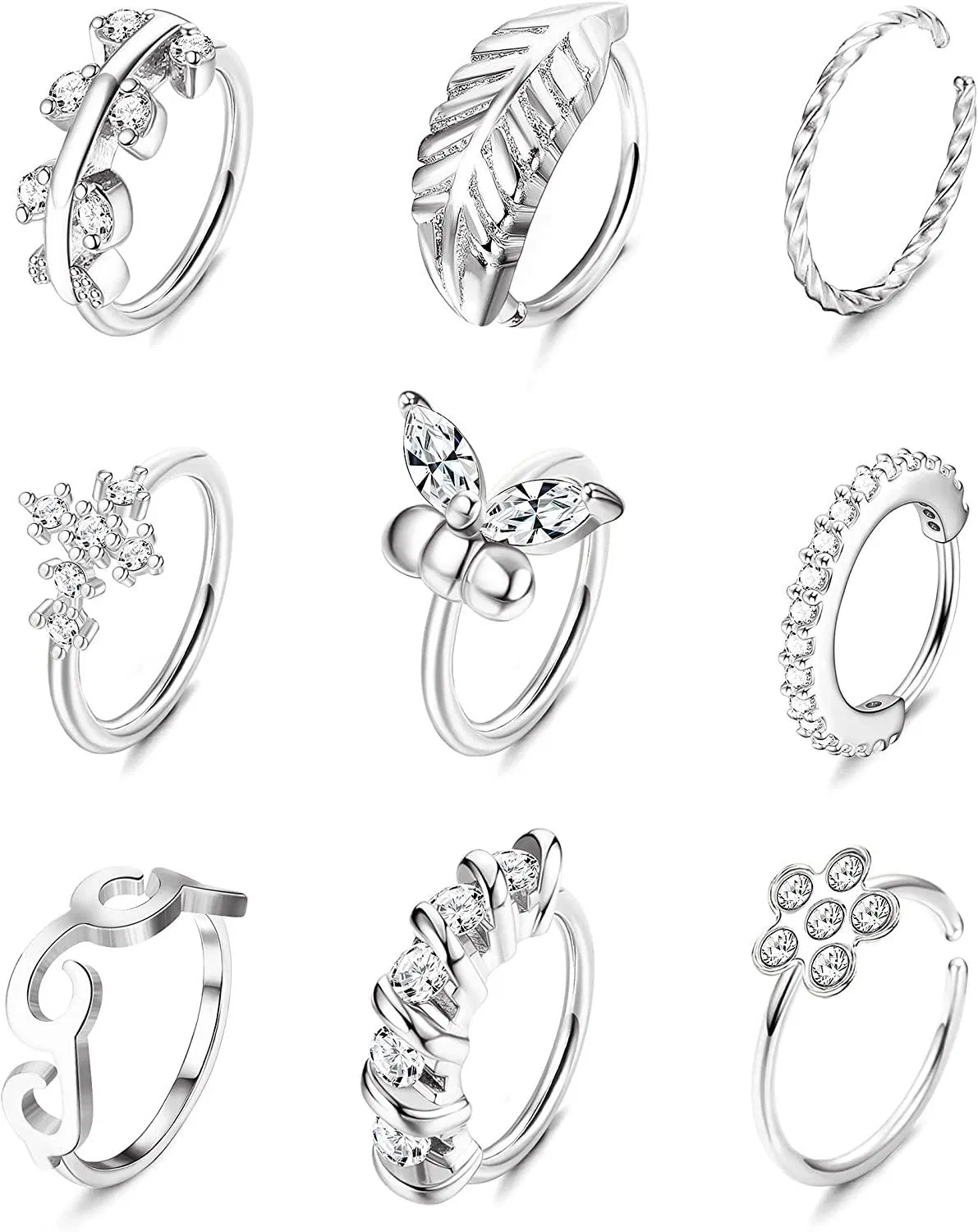 9pcs Edelstahl Nasen Ringe Schleife Pflaster CZ Bendebare Nasen Knorpel Schleife Ringe Schmetterlingsblume Nasen Piercing für Frauen Männer 20G
