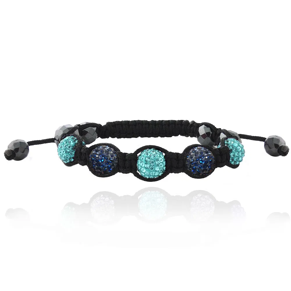 Aqua & Blue Crystal Fireball & Hematite 10mm einstellbares Shamballa Armband