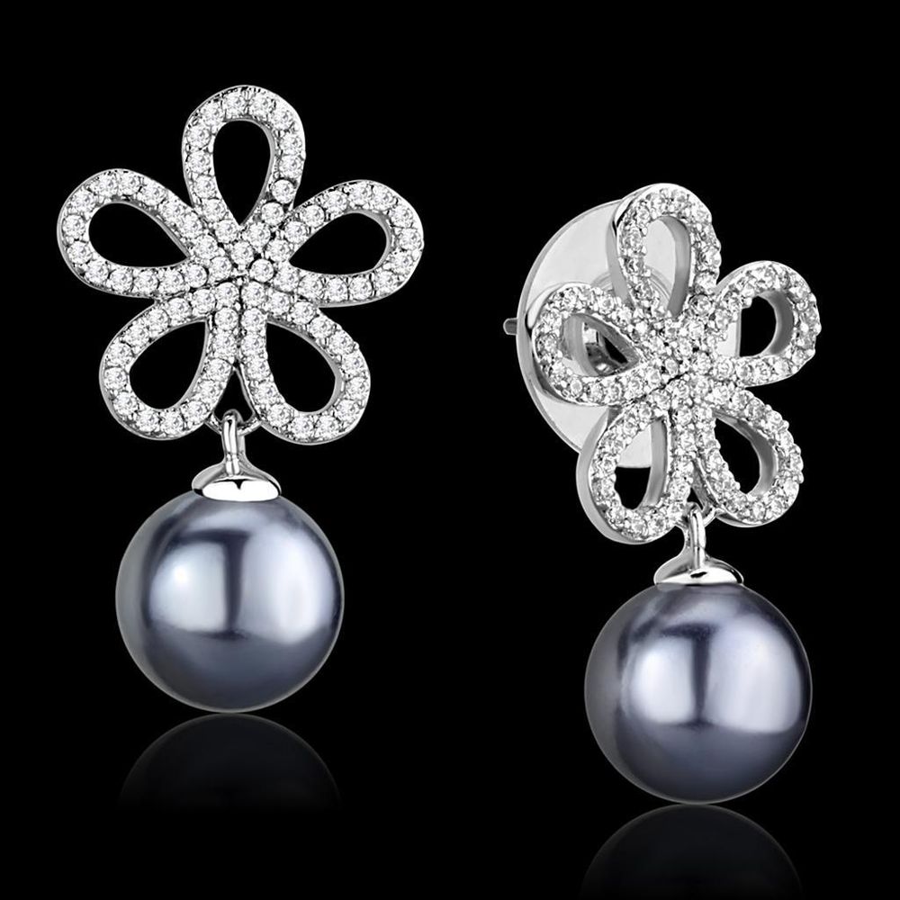 TS290 - Rhodium 925 Sterling Silber Ohrringe mit synthetischer Perle in hellgrauer Farbe