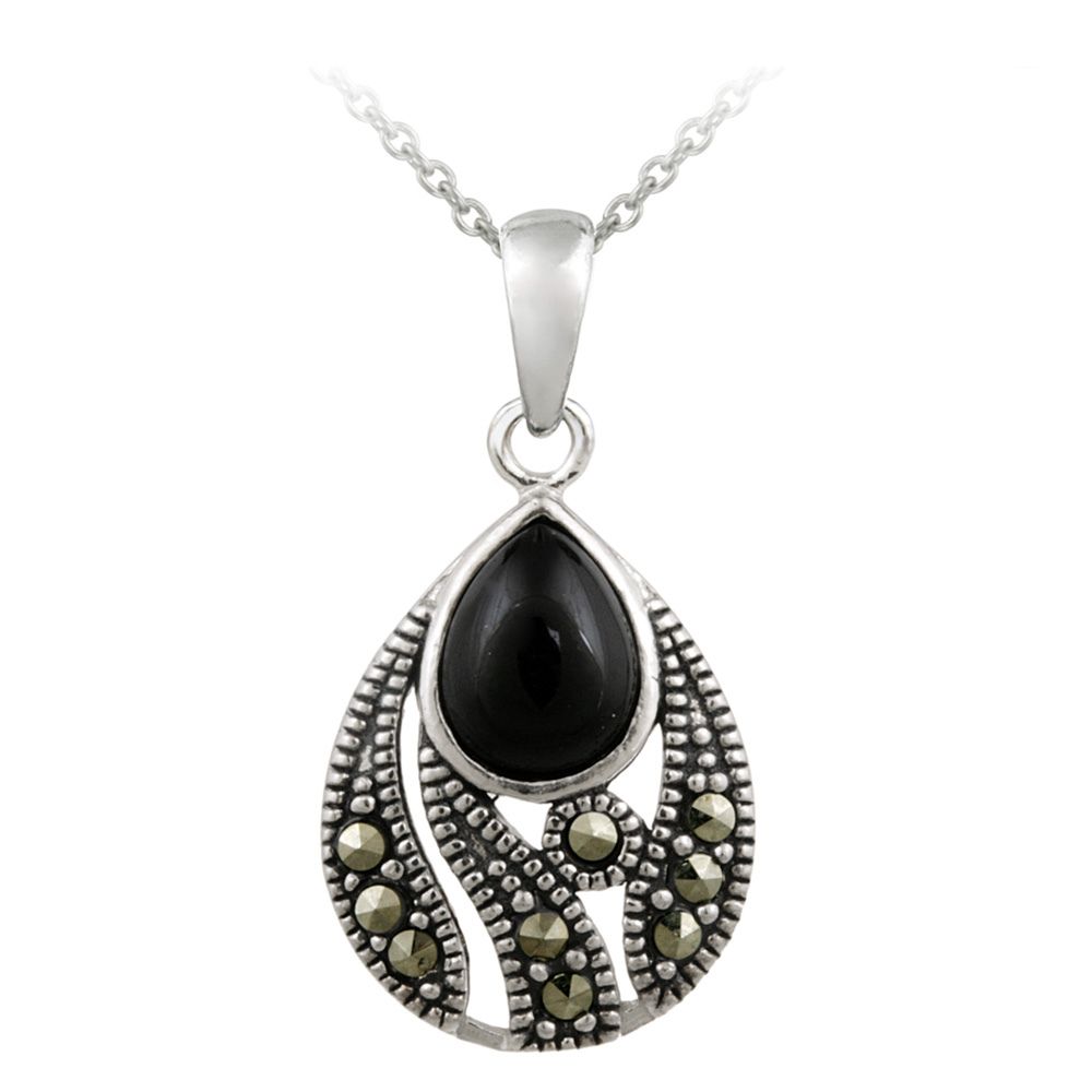 Sterling Silber Onyx & Marcasite Teardrop Anhänger