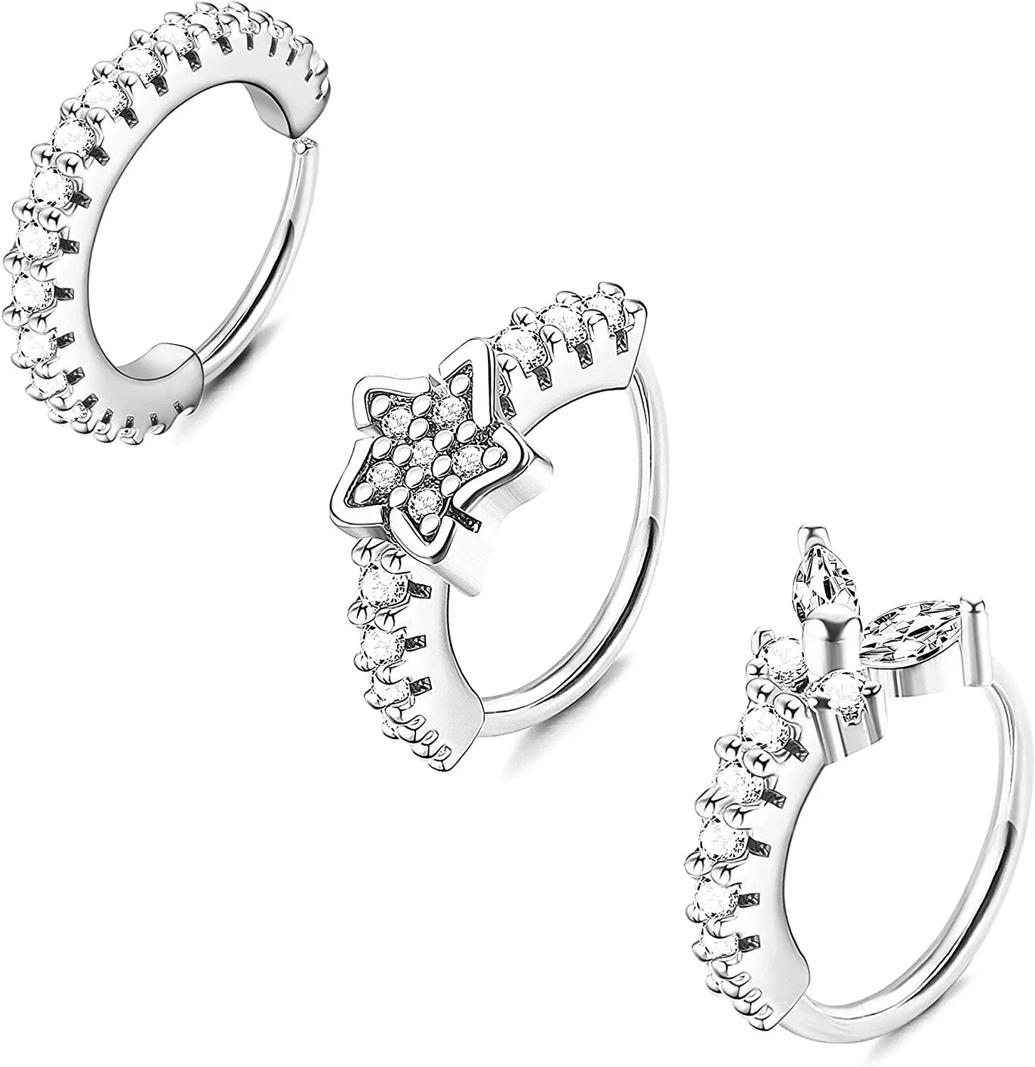 3 PCS 925 Sterling Silver Pin Nose Ring Hoops; 20G gepflastert CZ Knorpel Ohrringe kleine Nase Hoop Nasen Piercing Schmuck für Frauen