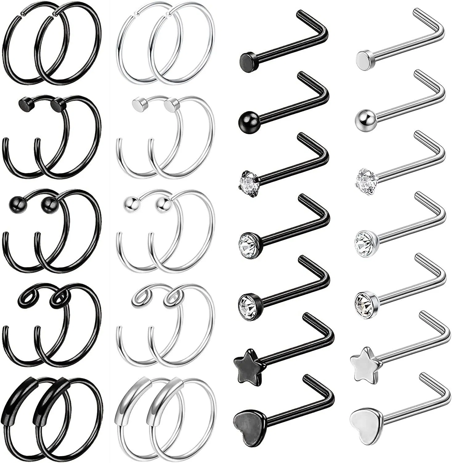 34Pcs 20G 316L Edelstahl Nasenring Schleife L-förmige Nasenringe Studs Piercings Schleife Tragus Knorpel Helix Ring Lippen Septum Piercing (silber schwarz)