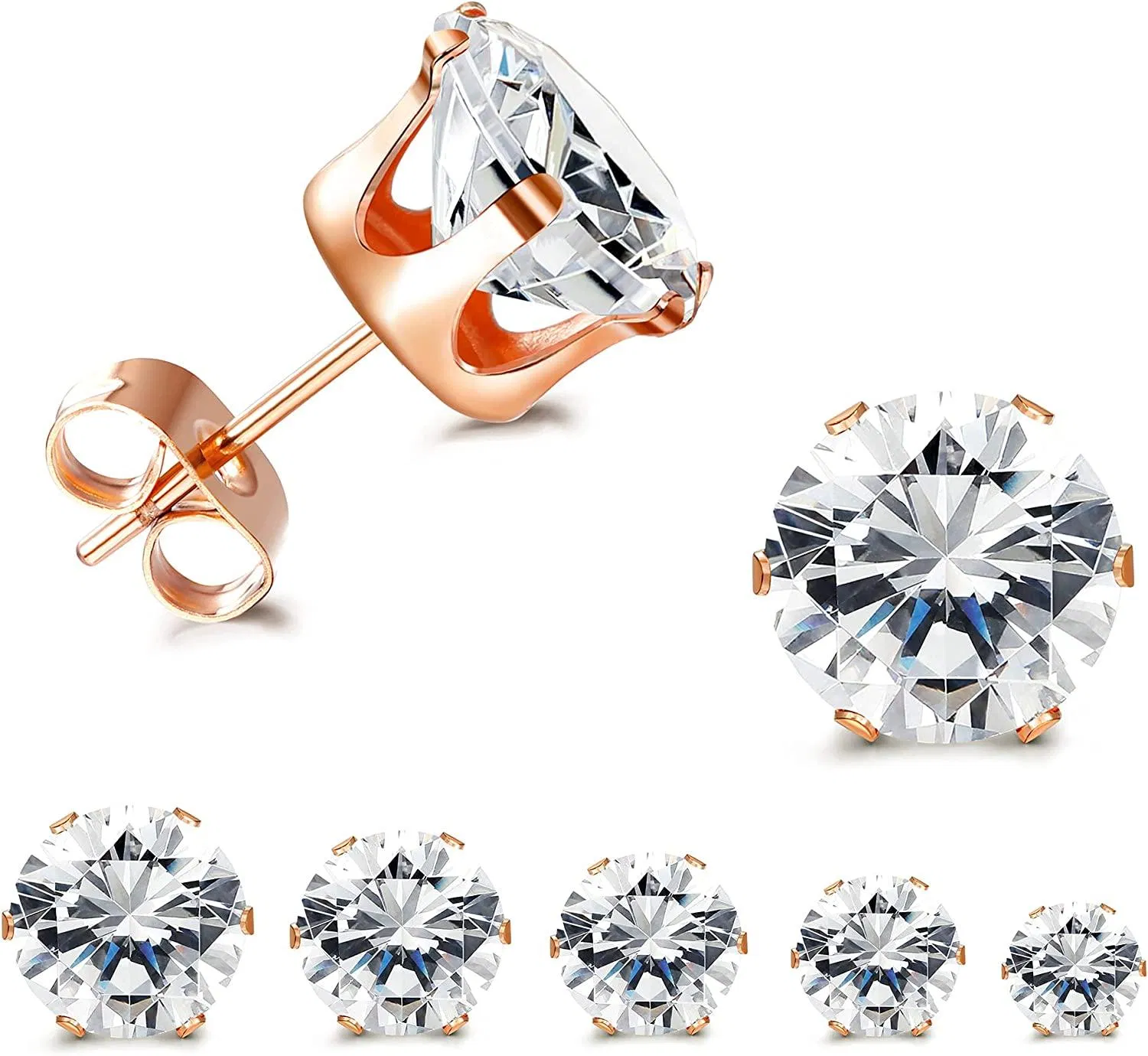 5 Paare CZ Stud Ohrringe Set; Round Clear Cubic Zirkonia 316L Edelstahl Ohrringe für Frauen 3 - 7mm