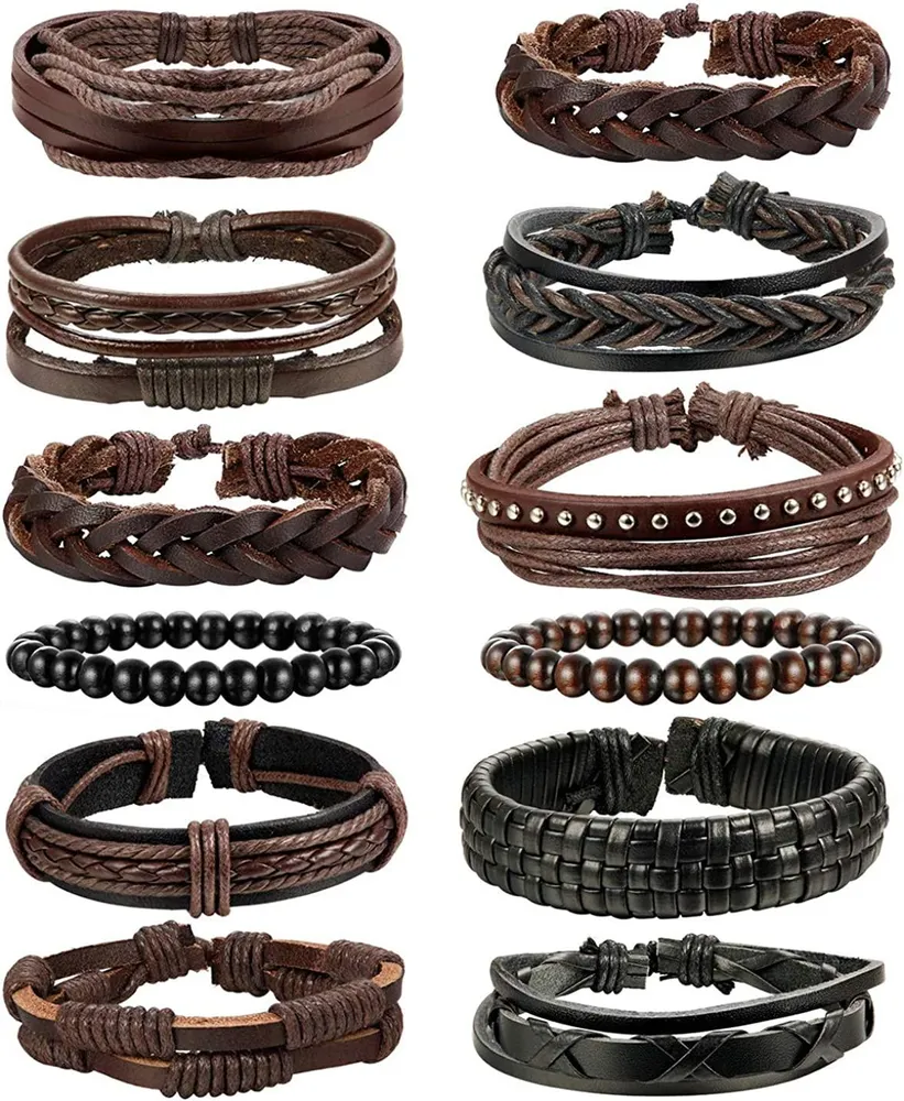 12 Pcs Gewebtes Lederarmband für Männer Frauen Cool Leder Handgelenk Cuff Armbänder einstellbar