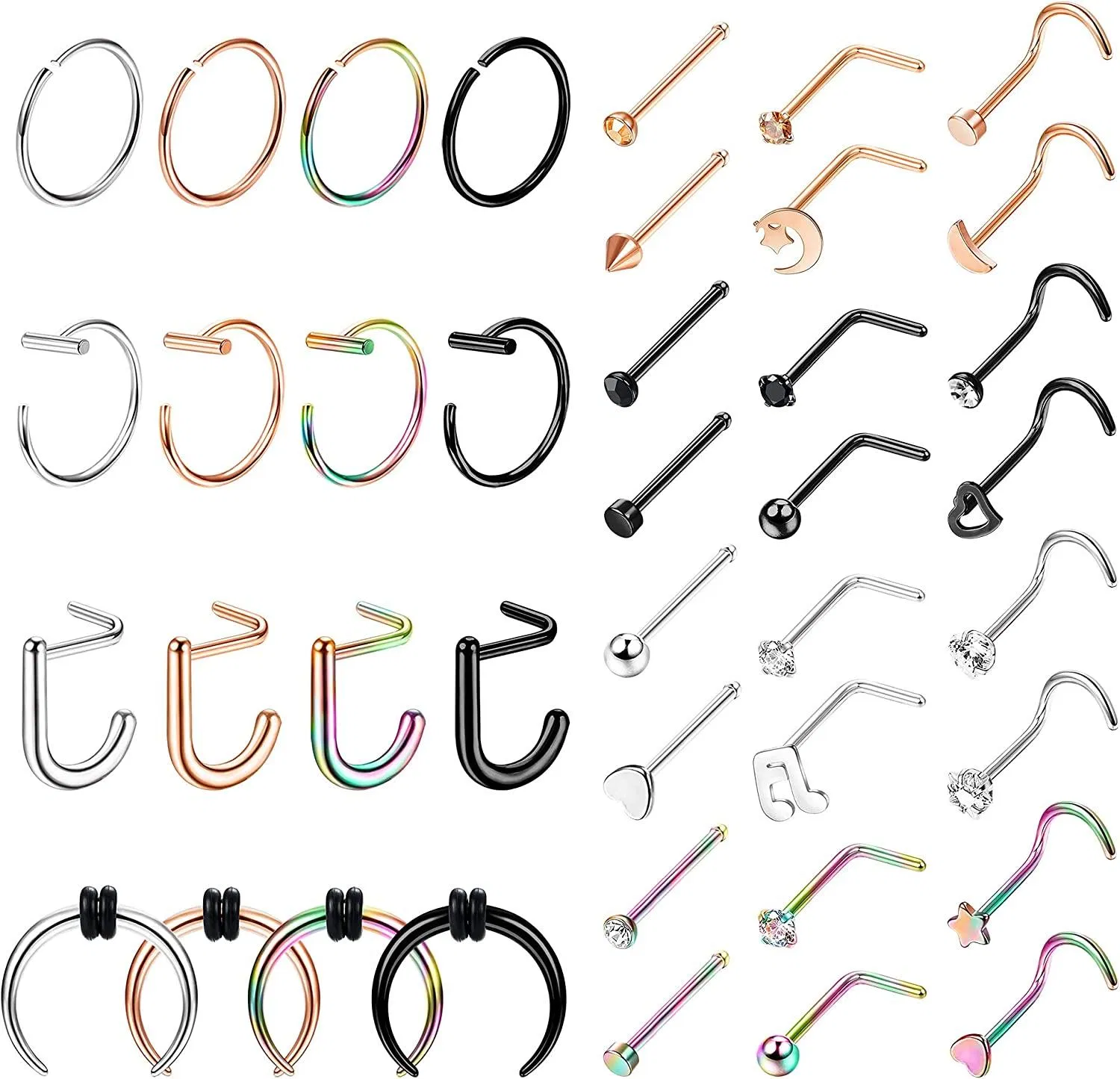 20G Nasenringe für Frauen Männer Nasen Piercing Edelstahl Nasen Schleife L-Form Schraube Knochen Nasen Stud Regenbogen Nasen Ring Set