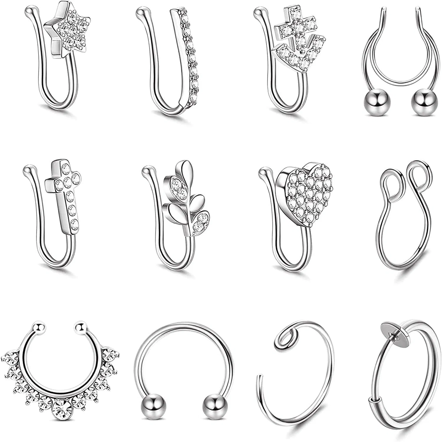12PCS Falsche Nasenringe Clip auf Nasenring Edelstahl Falsche Lippe Ohr Nasen Septum Ringe Faux Non-Piercing Nasenring für Frauen Männer