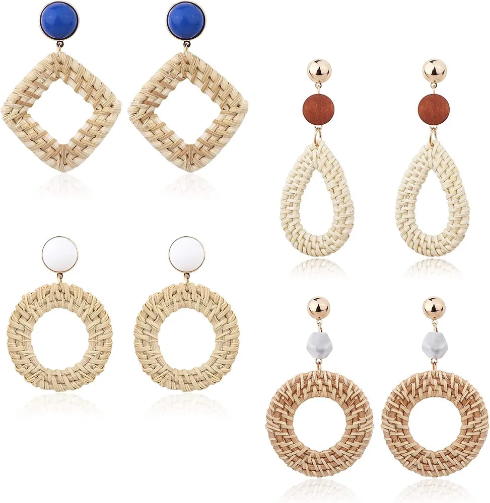 4Paare Rattan Dangle Ohrringe für Frauen Mädchen Leichtgewicht Böhmen Stroh Wicker Gewebe Geometrische Aussage Ohrring Set Handgemachte Schmuck Sommer Ohrringe