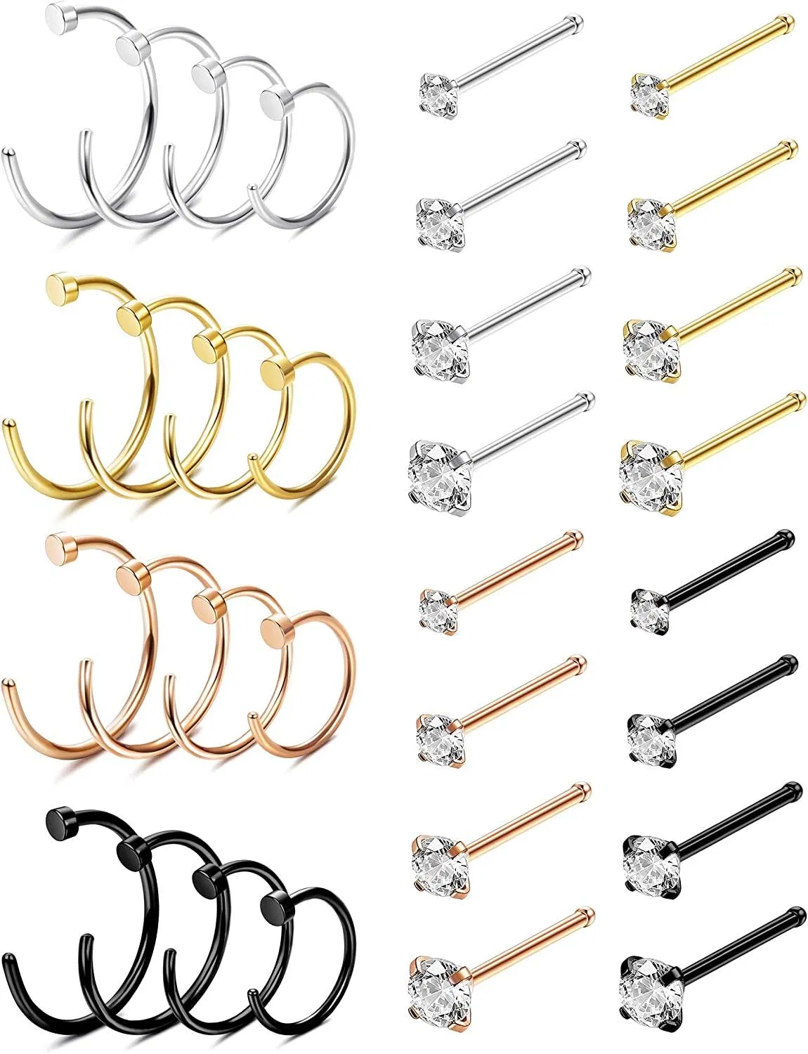 36PCS 20G Edelstahl Klassisch geformte Nasenringe Studs Ohrringe Piercing Hoop Tragus Knorpel Nasenring für Männer Frauen