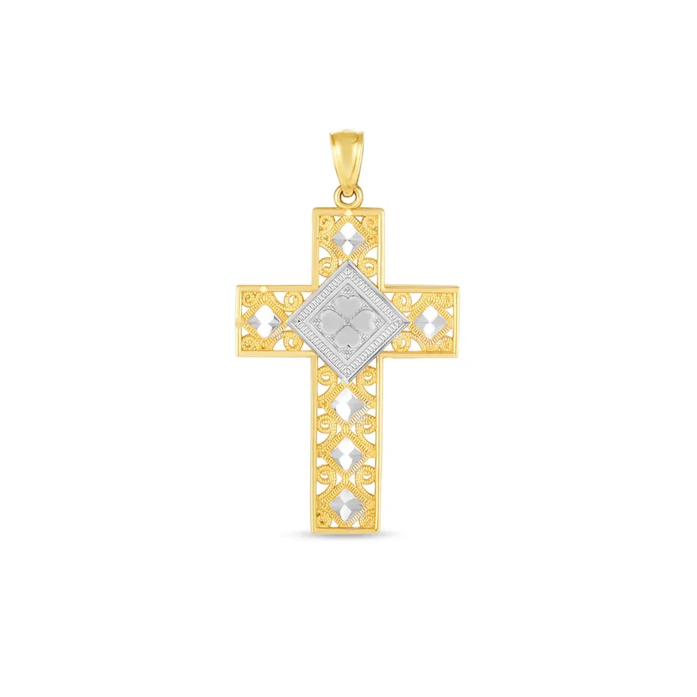 14 Karat Zwei-Ton - Gold High Polish Diamond Cut Cross Anhänger