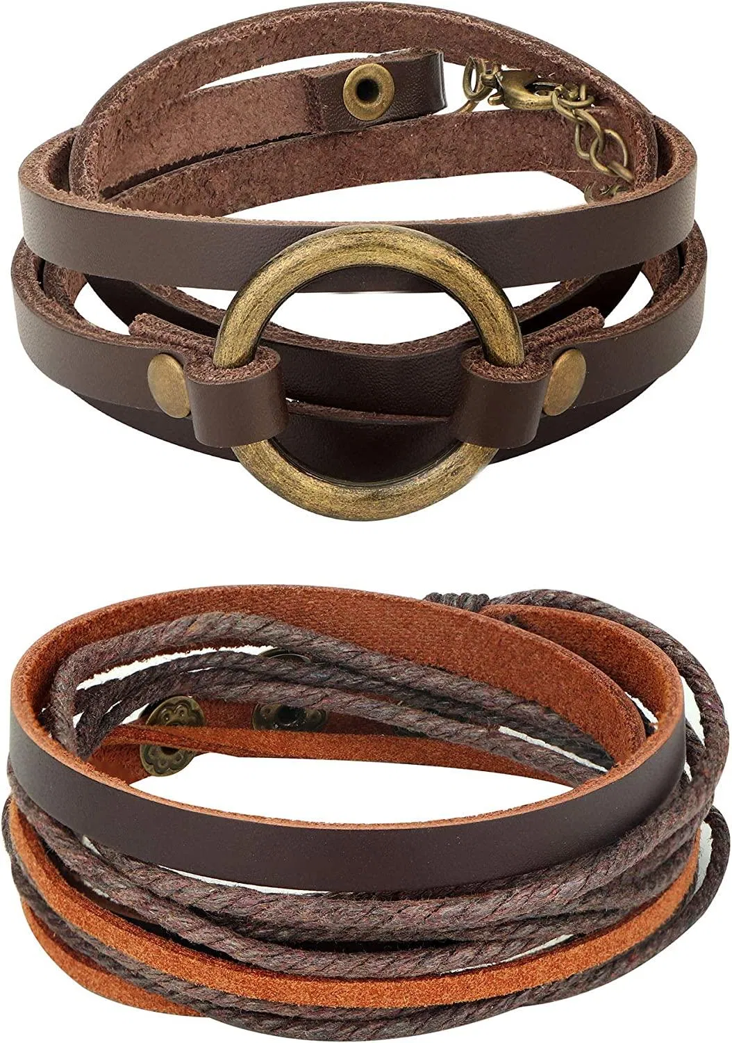 2Pcs Echt Leder Armband für Männer Frauen Unisex Multilayer Leder Adjustable Armband Manschetten Wrap Rope Braun Armband
