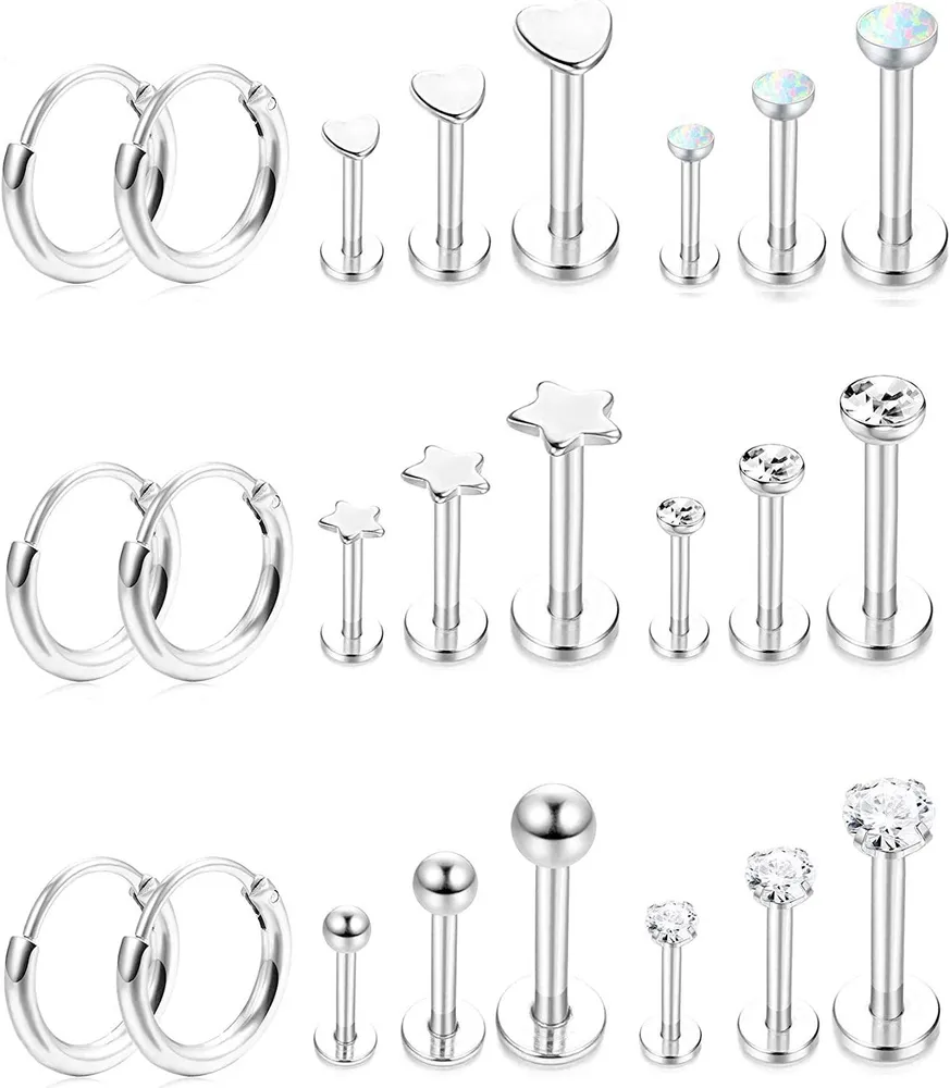 24 Stück Edelstahl 16g Tragus Knorpel Piercing Ohrringe für Frauen Medusa Helix Lippe Monroe Labret Piercing Schmuck