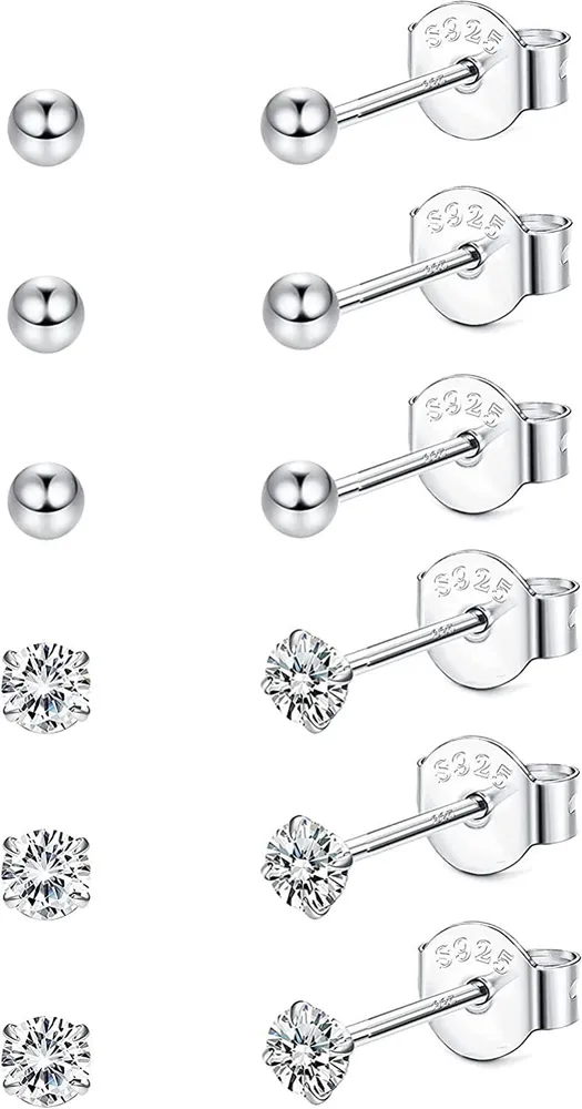 6 Paare kleine Stud Ohrringe 925 Sterling Silber für Frauen Männer Ball Stud Ohrringe Hypoallergene Ohrringe Kubische Zirkonia Ohrringe kleine Schläfer Knorpel Stud Ohrringe Set für Mädchen