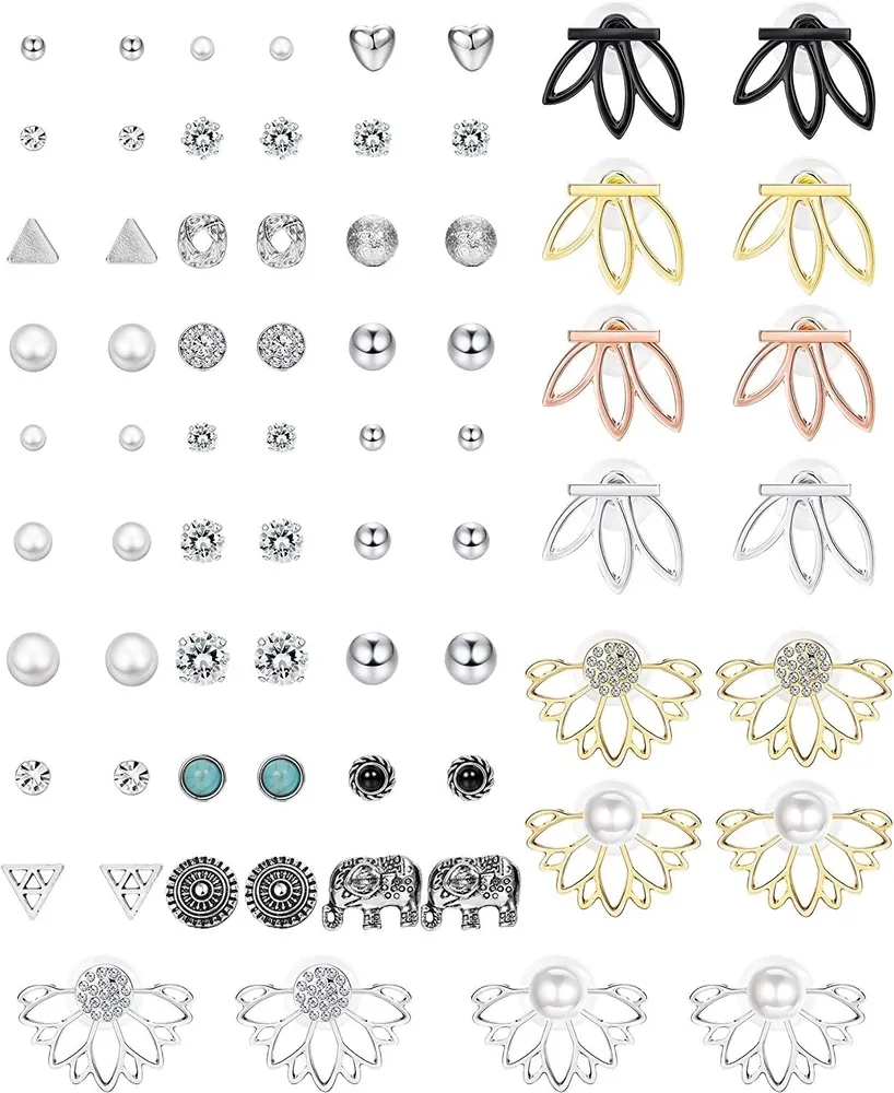 35Paars Assorted Multiple Stud Ohrringe für Frauen Mädchen Lotus Flower Ohr Jacke Ohrringe Set Vintage Fake Pearl Ball CZ Ohrringe Set